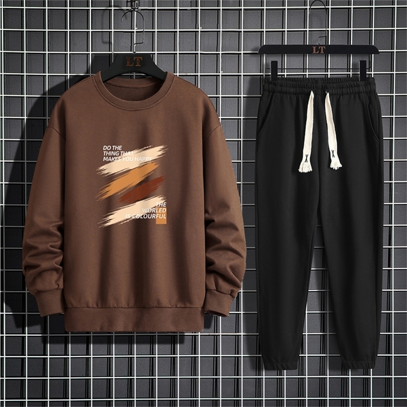 Spring/Summer Mens Casual Set American Round Neck Long Sleeve Loose Sweatshirt Two Piece Casual Sweatpants Set 240827