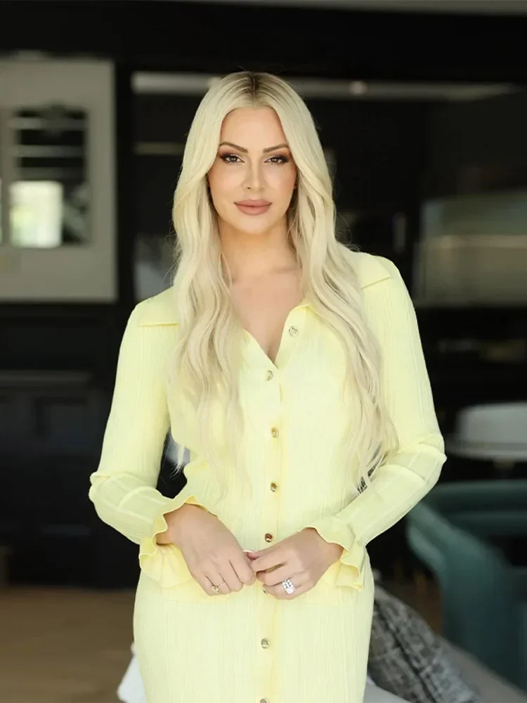 Knitted elegant yellow single breasted button up dress for women featuring a unique lapel and full sleeves with ruffled hem long skirt for womens offi