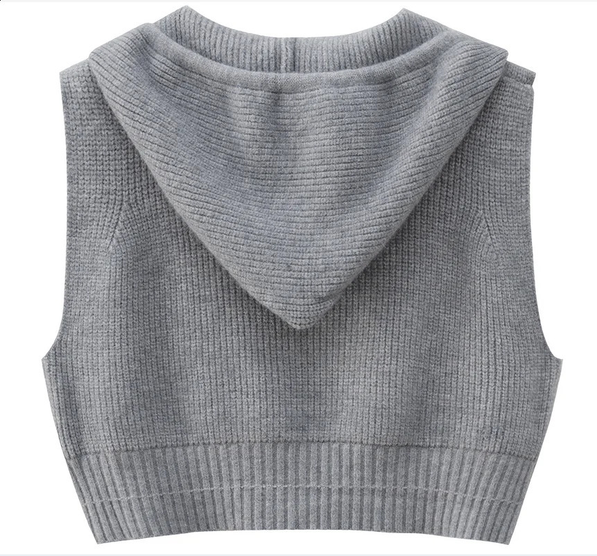 Hooded Waistcoat Knitted vest cardigan Womens shirt Spring and Autumn loose sleeveless sweater Grey jacket 240828