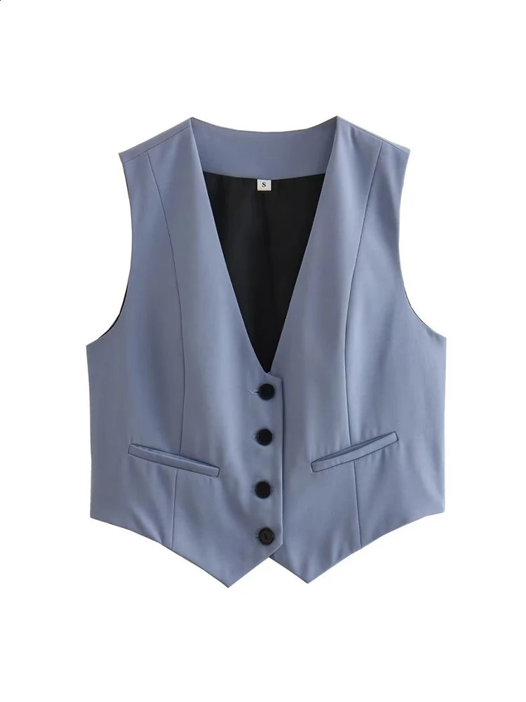 Aoaiys womens sleeveless vest single chest top blue retro patch V-neck sleeveless solid vest 240828