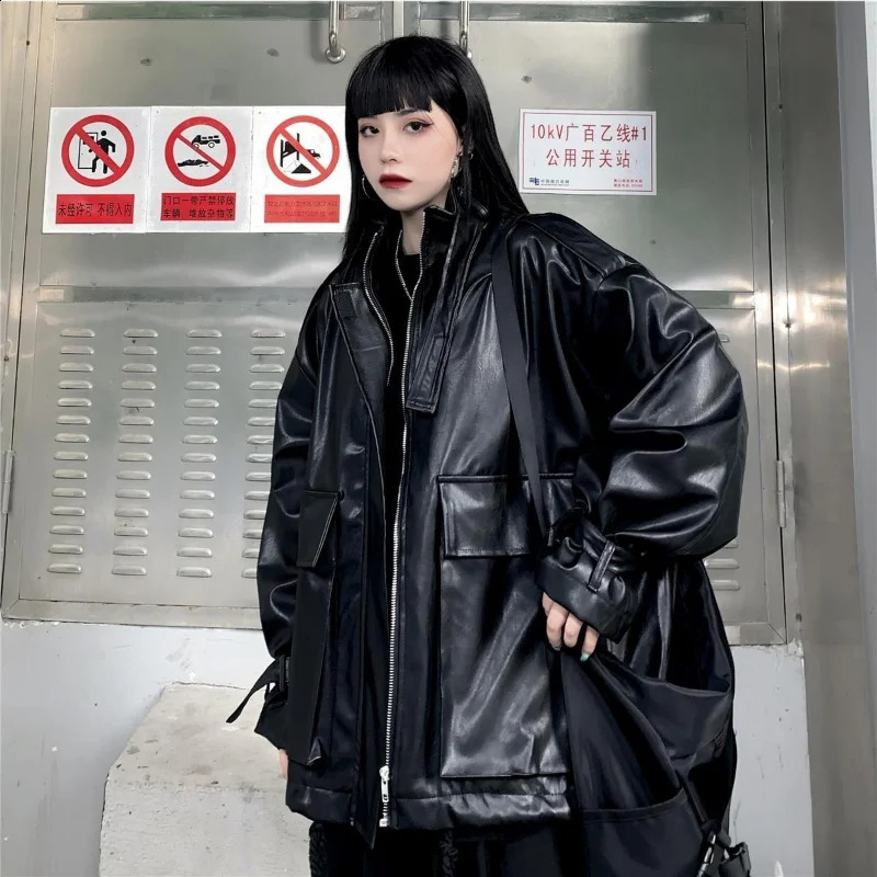 Deeptown Goth leather jacket womens Gothic oversized zipper Harajuku fashion streetwear jacket womens dark academic loose black 240827