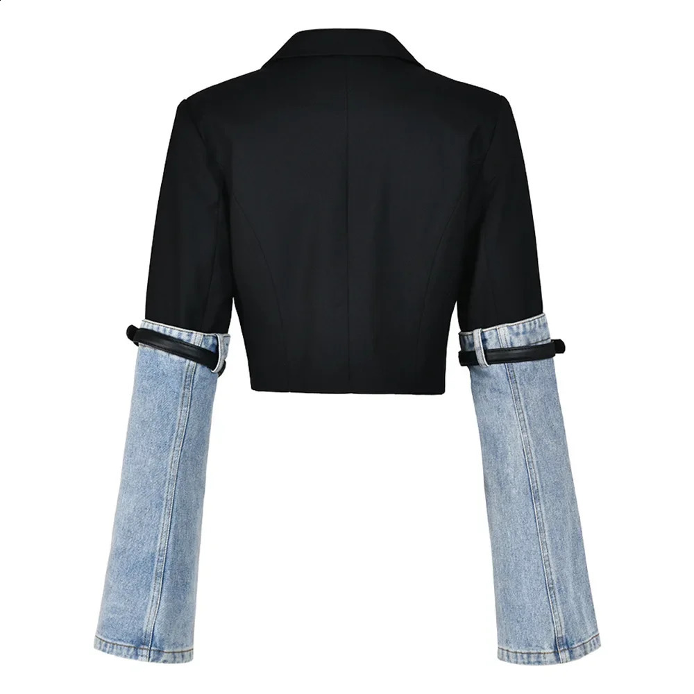 Unique colored blocked denim jacket suitable for women autumn n sensual sleeves open belt Versatile Cropped top 240827
