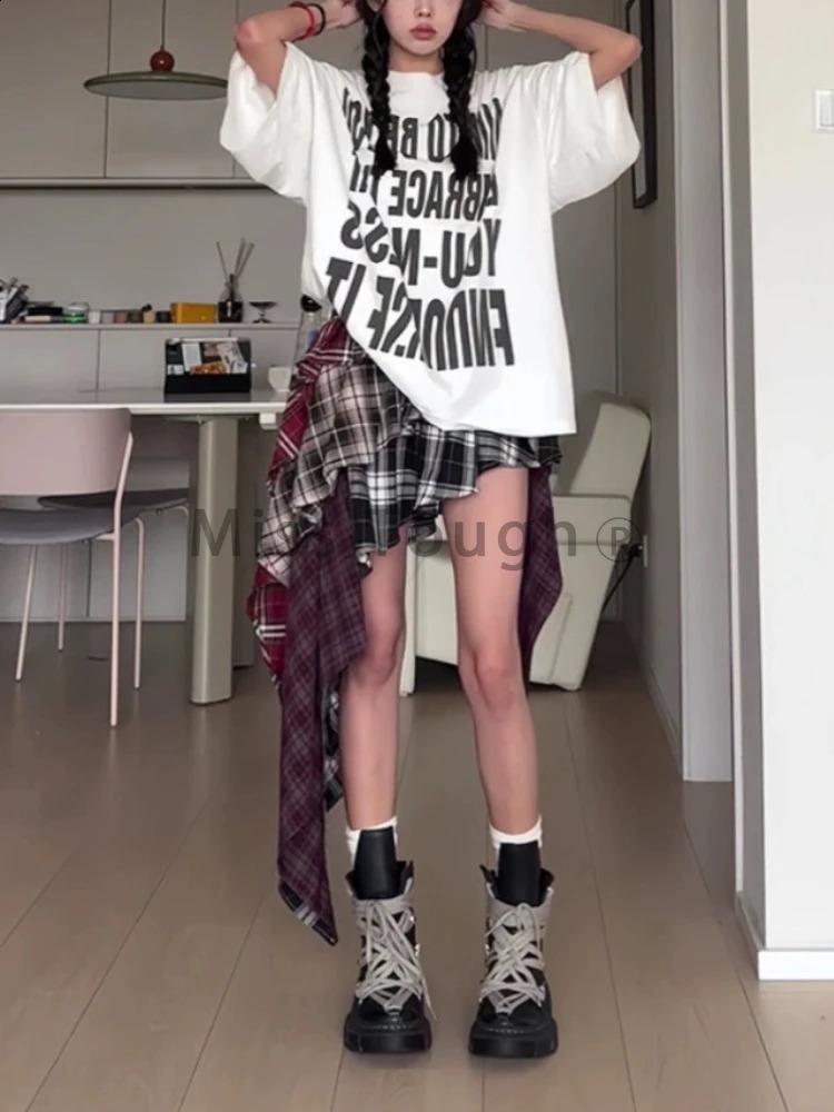 Vintage Fashion Grunge Plaid A-line Skiing Summer Womens High Street Sexy Ultra Thin Mini Skiing Asymmetric Y2k Street Clothing 240828