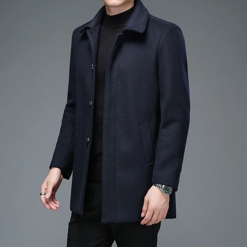Mens winter warm and casual wool blend trench coat mens autumn fashionable business medium thick slim fit jacket windproof 240827