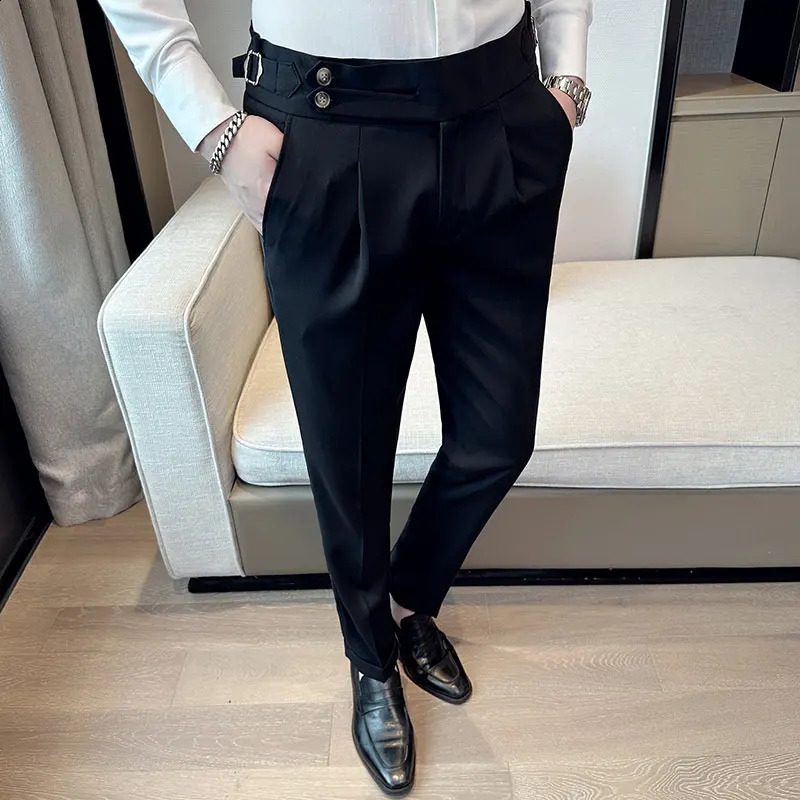 Naples mens pure high waisted casual suit pants with belt n ultra-thin slim fit mens casual dress pants 240828