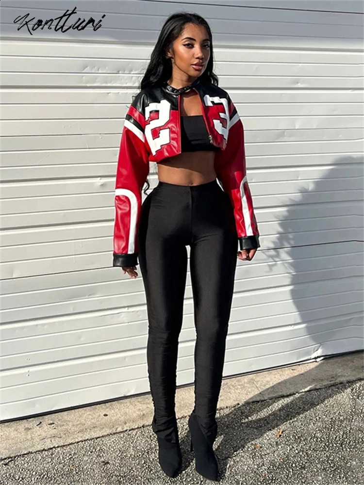 Kontturi Autumn Retro Racing Pu Womens Leather Jacket O-neck Long sleeved Crop Top Street Letter Printing Red Zipper Jacket 240827