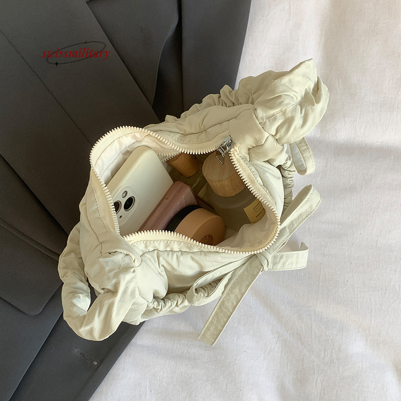 Swissmilitary Wrinkled bow girl's bag with versatile temperament, made of nylon fabric, designed for students to shoulder and armpit cross carry 