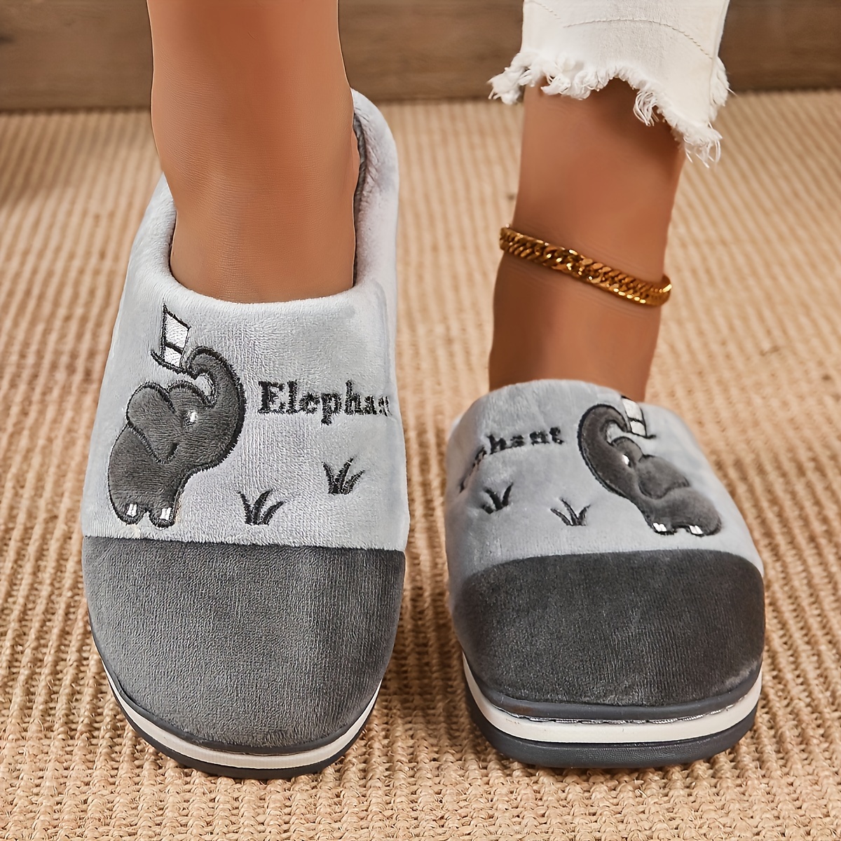 Kawaii Cartoon Elephant Slippers - Soft Fabric Lined, Plush Comfortable Indoor Shoes with Rubber Soles, All-Season Wear, Cartoon Pattern Design, Cozy 