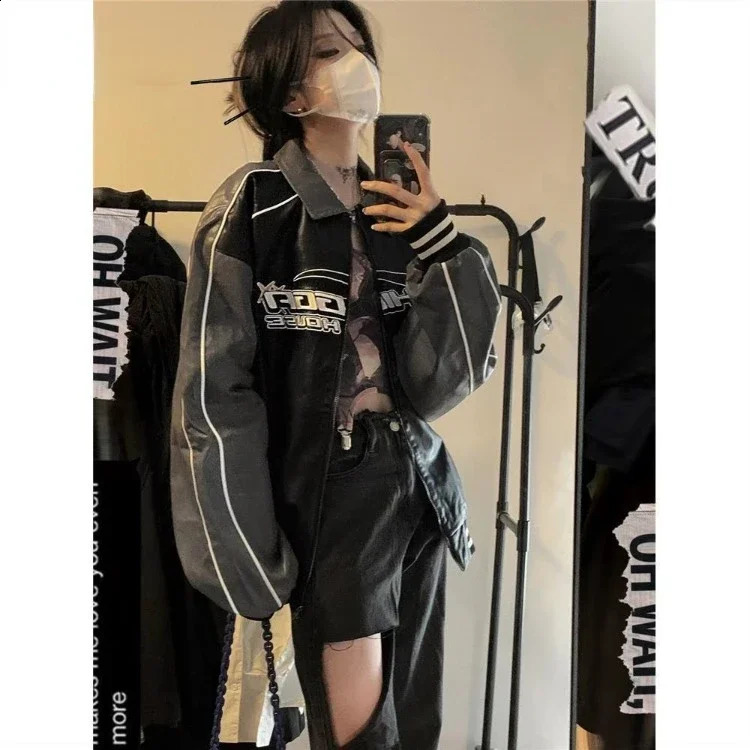 American retro college jacket womens streetwear Grunge zipper bomber Pu leather black couple embroidery jacket 240827