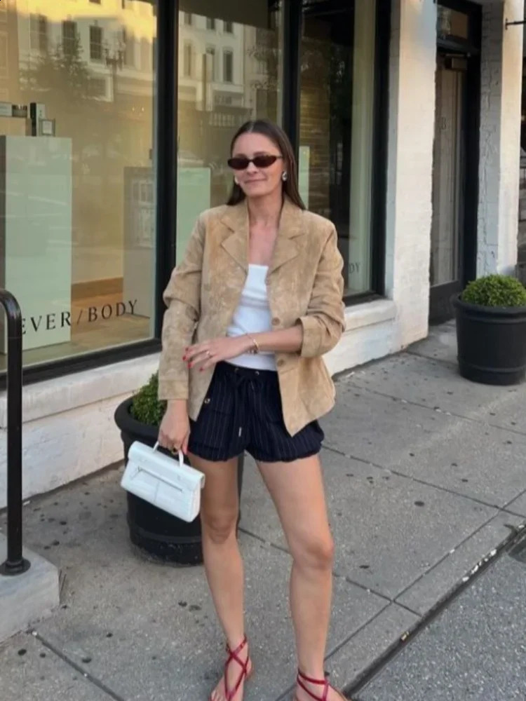 Flip collar single chest crop jacket for women fashionable suede leather long sleeved ultra-thin jacket autumn womens business street jacket 240827