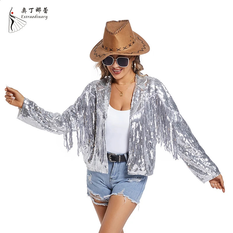 Womens sequined edge jacket long sleeved tassel sparkling party disco suit retro jacket 240827