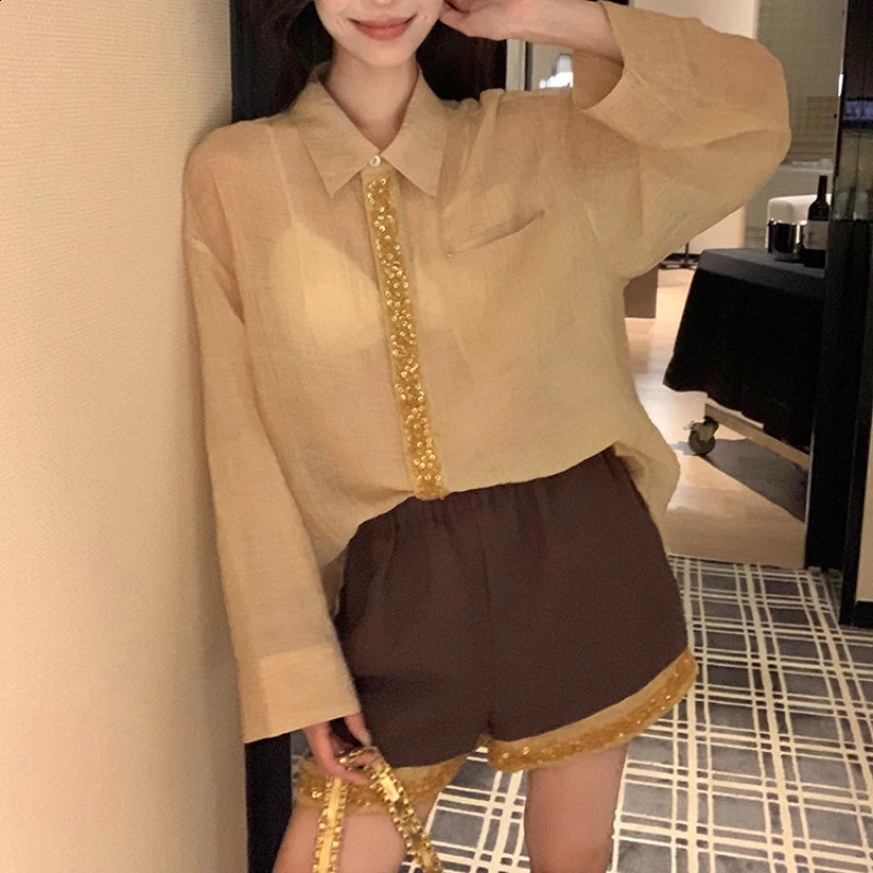 summer polo collar loose casual long sleeved womens set with contrasting patch work shorts two-piece set 240827