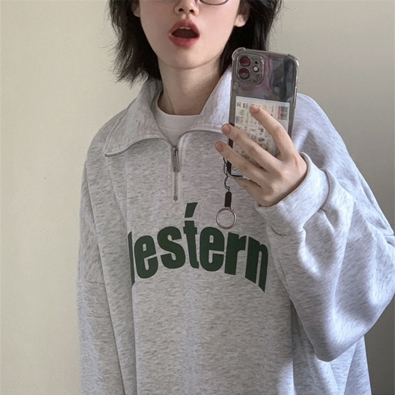 Retro polo collar zipper womens hooded sweatshirt oversized sportswear Korean autumn Y2K letter printed long sleeved T-shirt youth polo shirt 240827