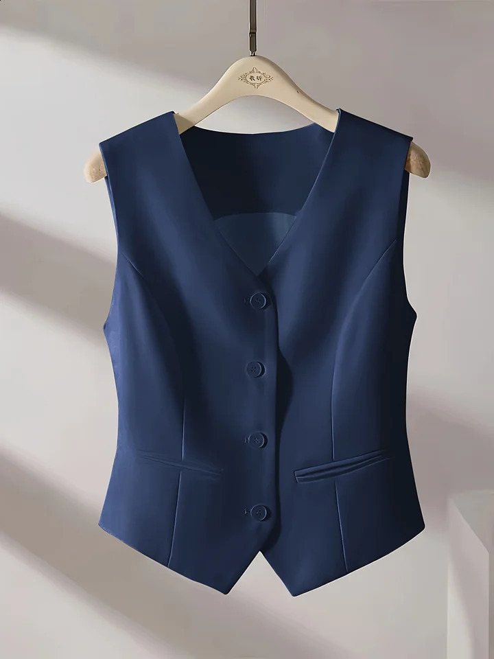 Retro V-neck suit vest elegant womens casual single chest sleeveless jacket fashionable ultra-thin solid color vest simple and unique 240828