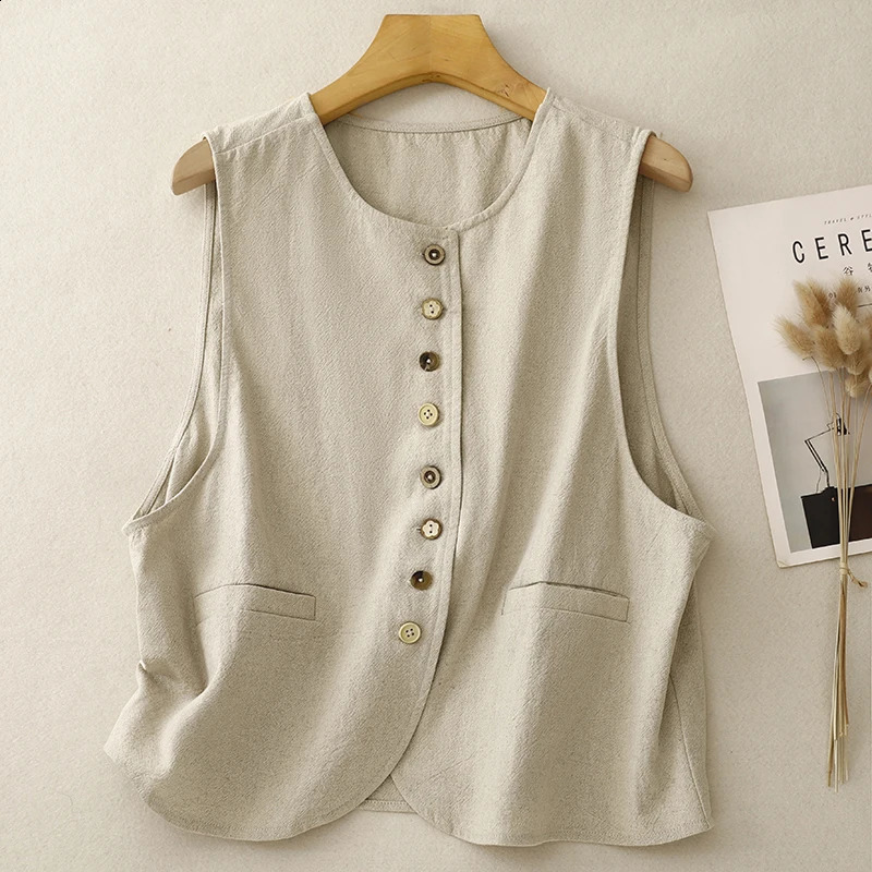 Cotton linen sleeveless solid color shirt jacket for womens spring and autumn literature loose plus size temperature circle 240828