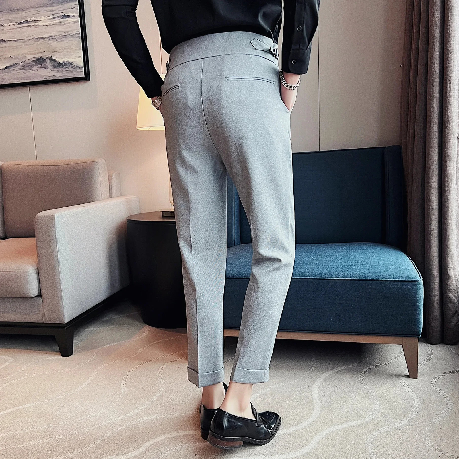 Mens High Waist Straight Leg Denim Grey Texture - Fashionable Casual Naples Pants 240828