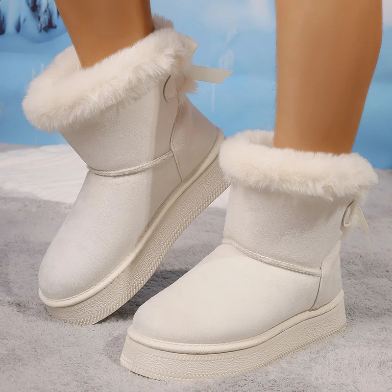 Winter Faux Suede Women Fluffy Snow Warm Plush Platform Ankle Booties Woman Bow Slip On Cotton Boots 36-42 240826