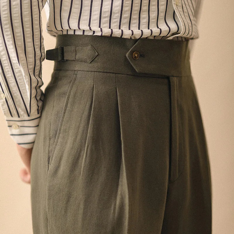 Linen mens straight pants summer business gentleman Naples pants Paris zipper high waisted mens formal pants 240828