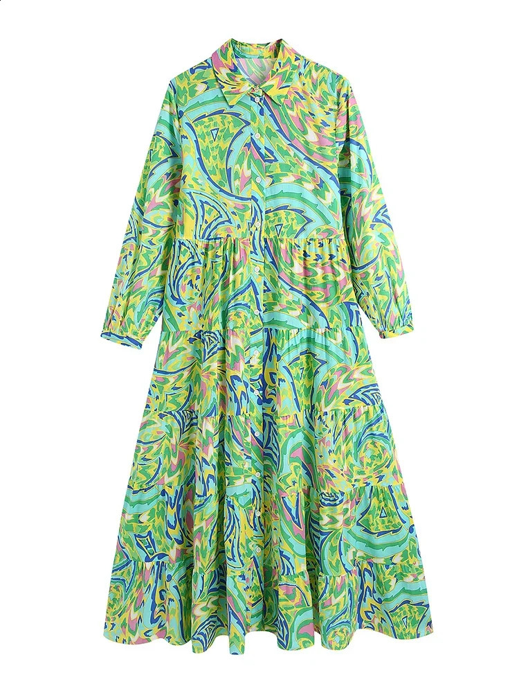 Foridol Paisley printed shirt dress elegant autumn spring green floral print bohemian womens long skirt sleeved Vestido 240828