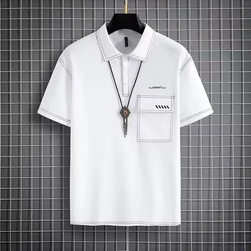 Mens Tshirt collar embroidered polo shirt loose top mens clothing short sleeved casual Kpop 240828