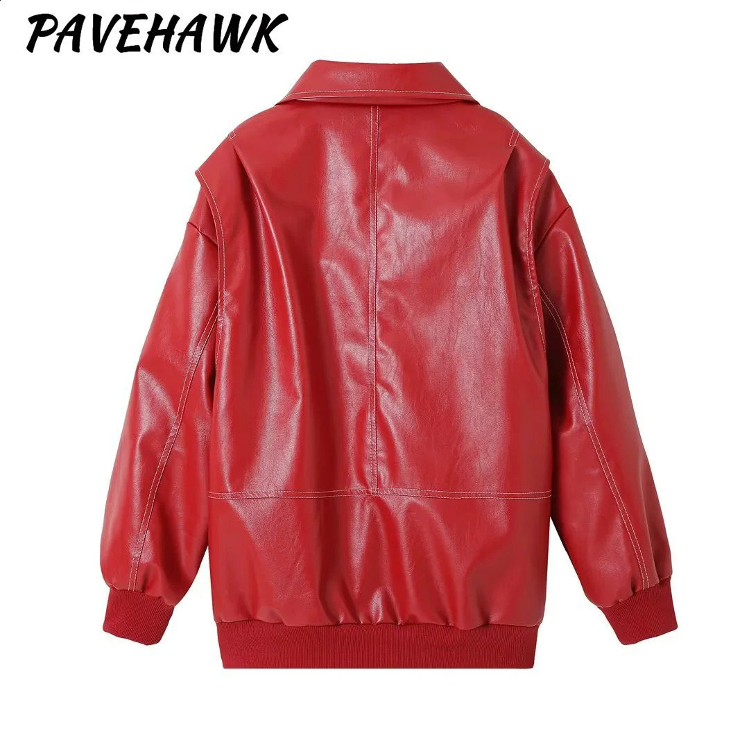 Womens contrasting patchwork jacket retro fashion solid long sleeved autumn lapel zipper Pu leather jacket motorcycle jacket 240827