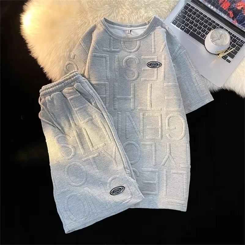 Mens casual sportswear womens plain short sleeved shirt top loose fit letter printing two-piece summer set 240827
