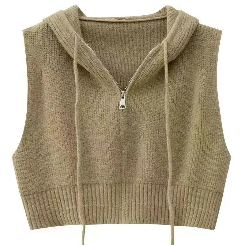 Hooded Waistcoat Knitted vest cardigan Womens shirt Spring and Autumn loose sleeveless sweater Grey jacket 240828