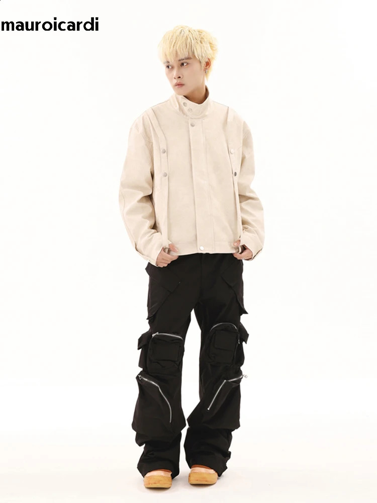 Mauroicardi Springautumn Black Mens Pants With Multiple Pockets Designer American Retro Street Clothing Runway Fashion