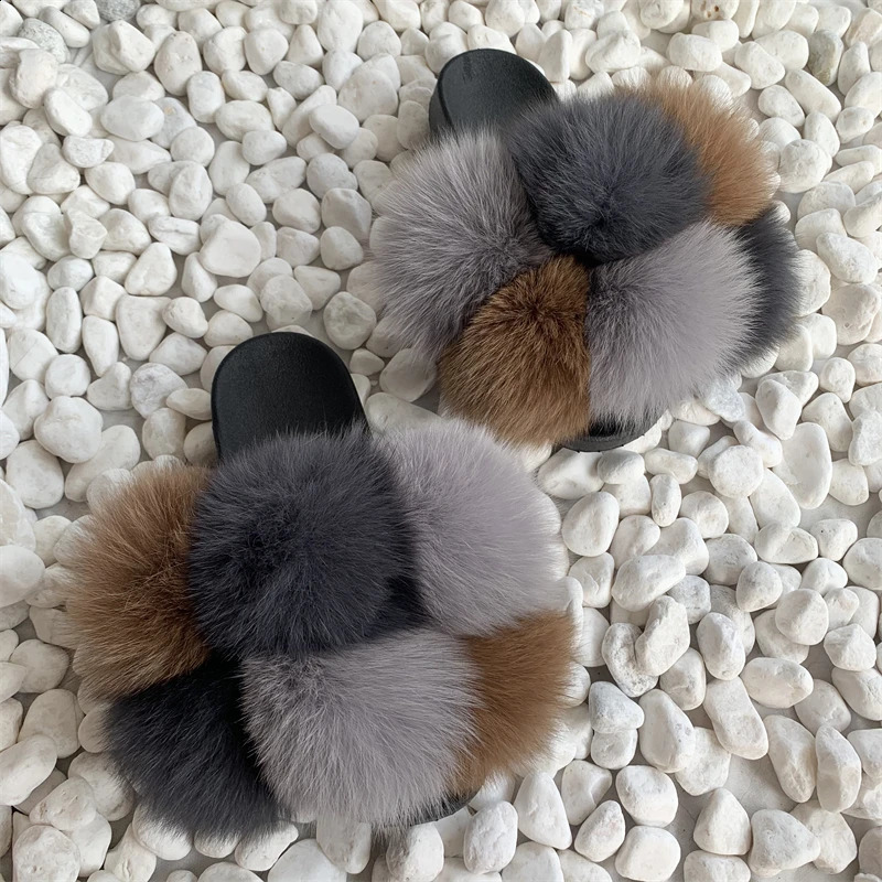 Fur slider factory supplies mixed color Pom six ball fox fur multi-color fluffy fur slider 240827 ww