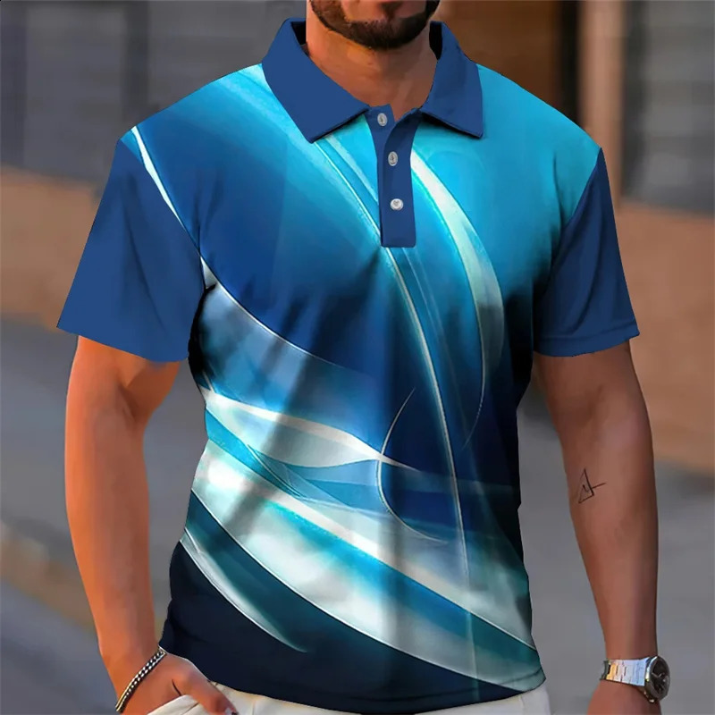 Colorful light pattern mens summer polo shirt 3D loose oversized street lapel button fashion trend 240828