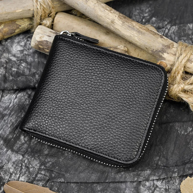 Unisex Genuine Leather Wallet Thrifold Zip Around Pocket Short Wallets Zipper Coin Case Snap man Real Leather Purse Black 240828