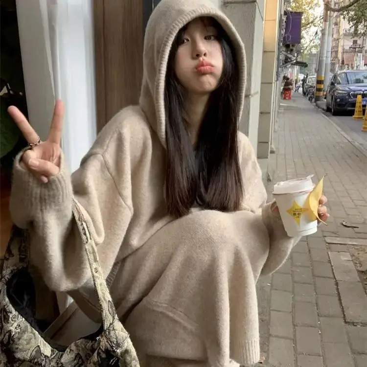 Korean Vneck twopiece skiing sweater casual womens knitted pullover high waisted fashionable winter clothing 240827