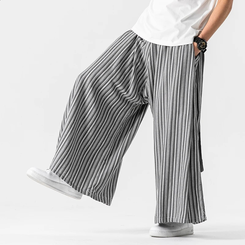 Striped wide leg pants mens Japanese style cotton linen retro fashion loose casual Nepalese robe Haori jogger Trouser 240827