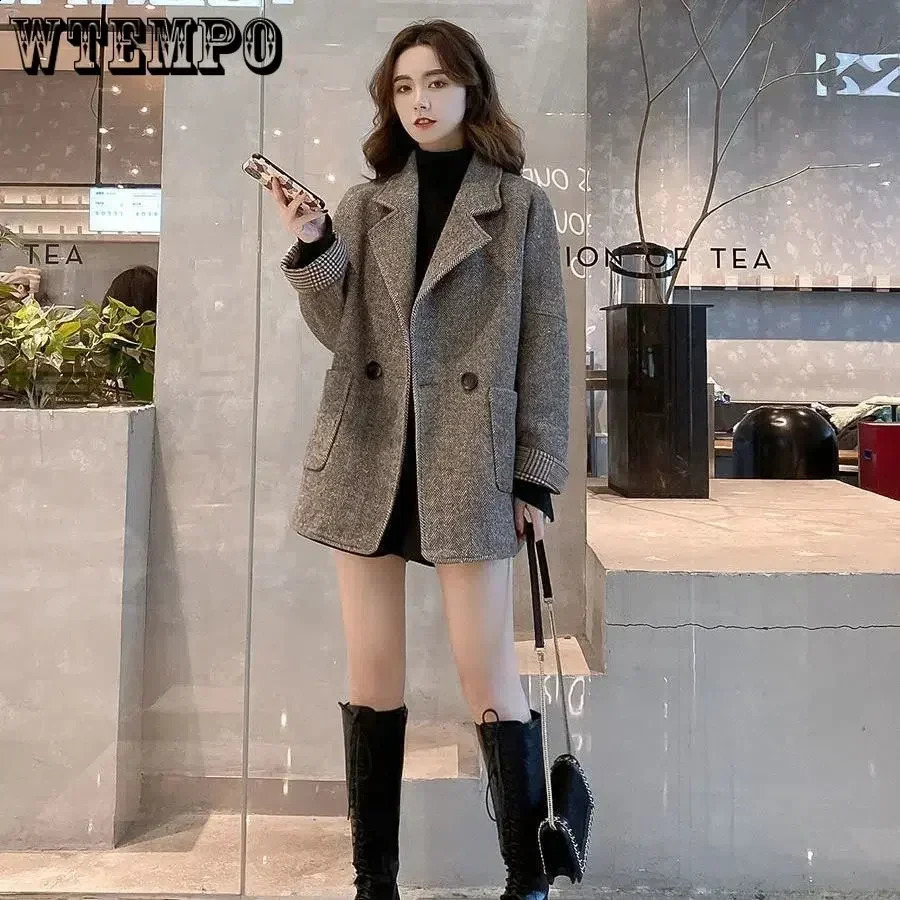 WTEMPO Womens Wool Jacket British Style Loose Notched Collar Coat Autumn Casual Double Button Coarse Floral Navy Blue Top 240828