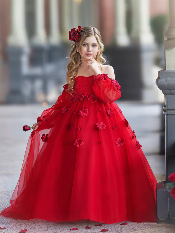 Princess Red Weddings Flower Girl Dresses Sheer Jewel Ball Gown Kids Birthday Party Gowns Off The Shoulder Formal Kid Dress