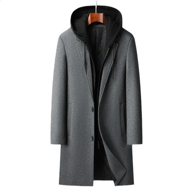 Mens hooded wool blended cashmere long coat trench mens winter business casual jacket size 4XL 240827