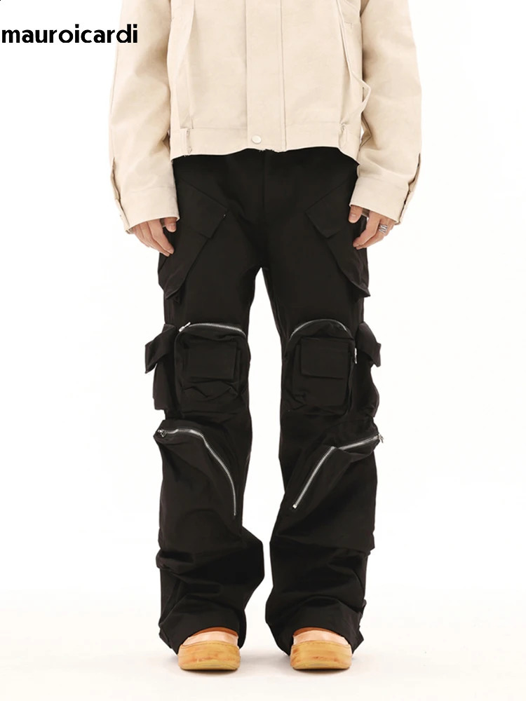 Mauroicardi Springautumn Black Mens Pants With Multiple Pockets Designer American Retro Street Clothing Runway Fashion