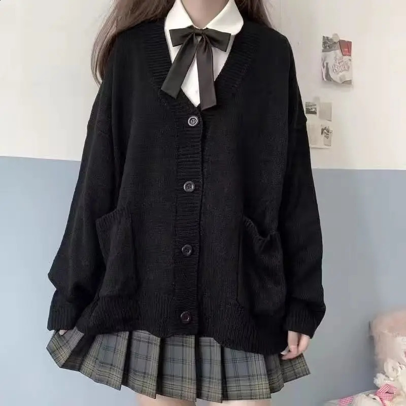 Japanese School Basic Sweater Autumn Kawaii Solid Vneck Loose Knitted Cardigan Preppy Style Uniform Cosplay 240819