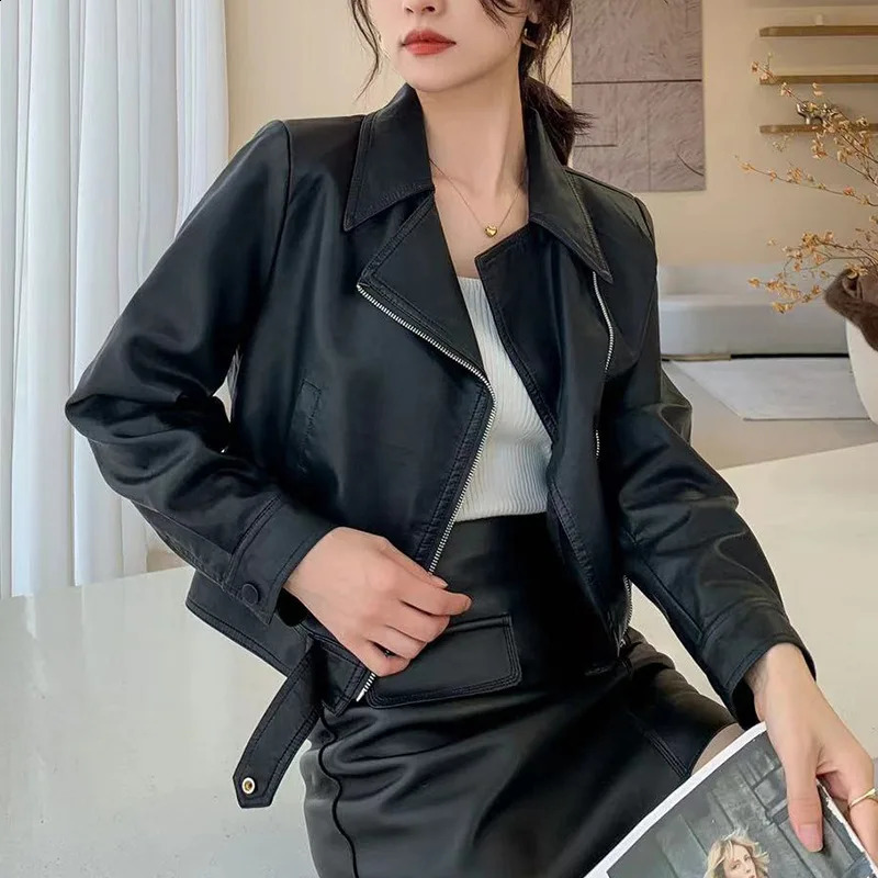 stand up collar zipper leather jacket motorcycle PU jacket womens autumn street long sleeved cut jacket jacket 240827