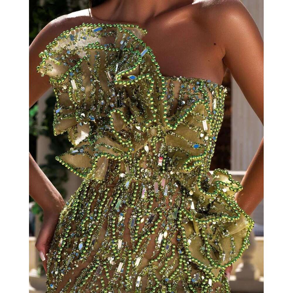 Crystal Beading Pearls Prom Dresses Strapless Side Split Mermaid Evening Gowns Custom Made Robes 0914