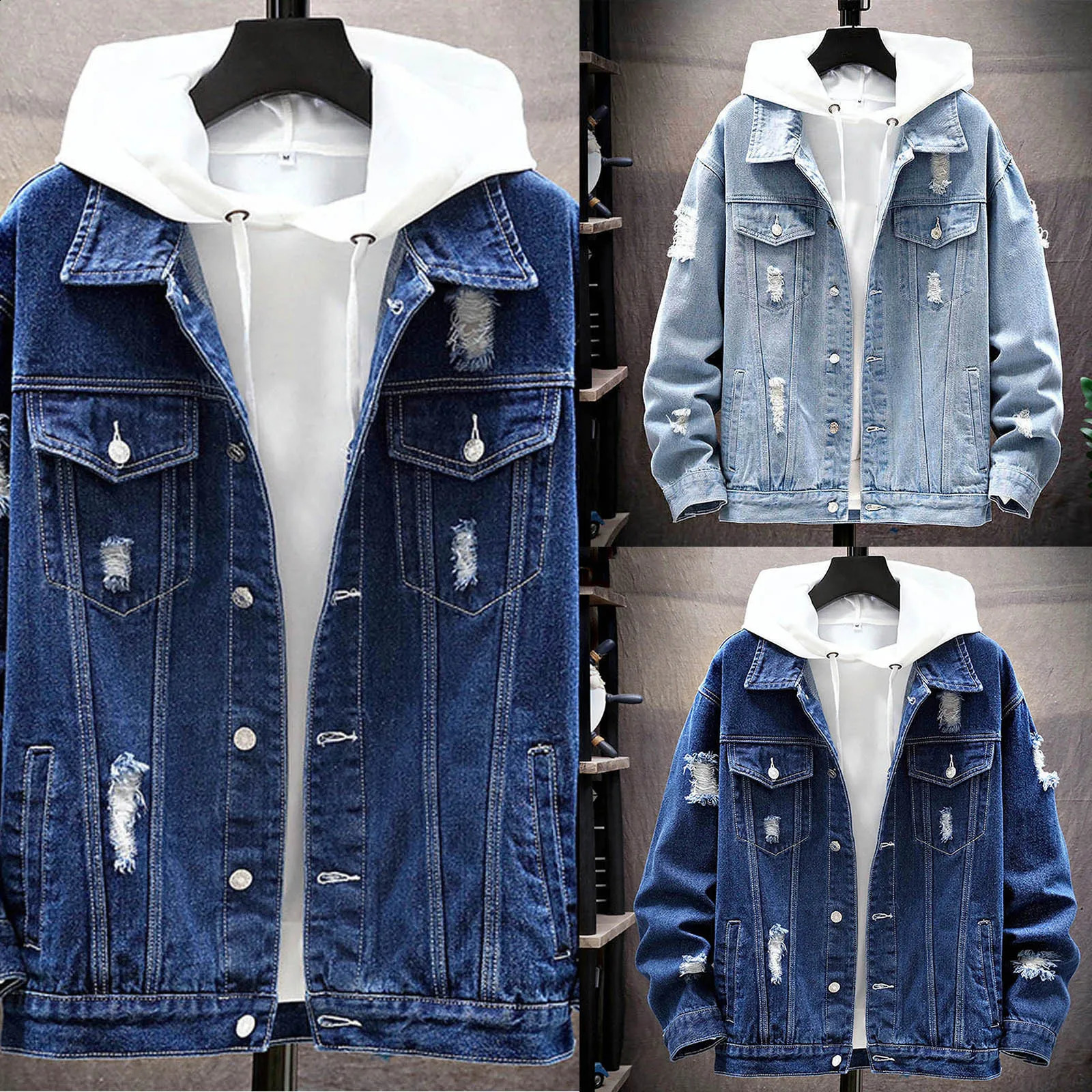 Summer and autumn mens denim jacket casual solid collar single chest jeans regular tear hole cotton 240827