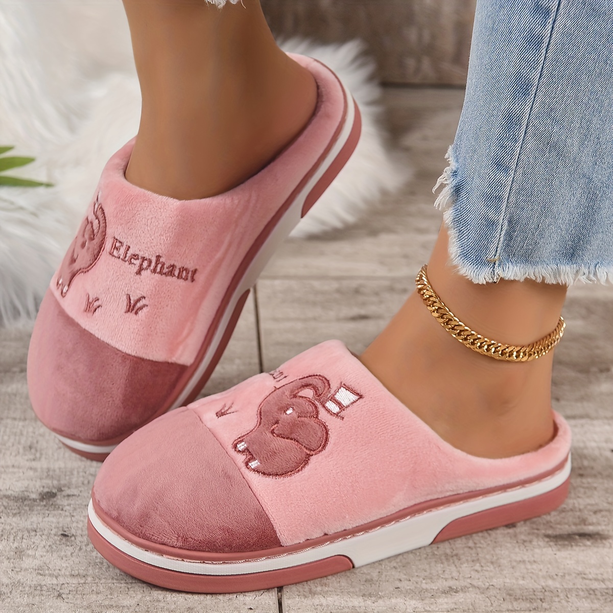 Kawaii Cartoon Elephant Slippers - Soft Fabric Lined, Plush Comfortable Indoor Shoes with Rubber Soles, All-Season Wear, Cartoon Pattern Design, Cozy 