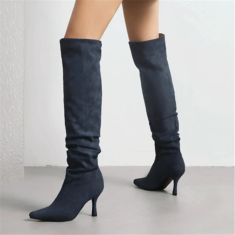 Super High Thin Heels Suede Upper Women Casual Soft Sole Thigh Boot Retro Style Solid Color Pointed Toe Slip On Slow Boot 240827