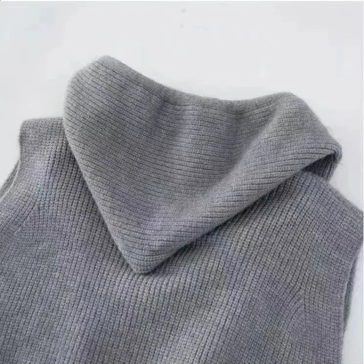 Hooded Waistcoat Knitted vest cardigan Womens shirt Spring and Autumn loose sleeveless sweater Grey jacket 240828