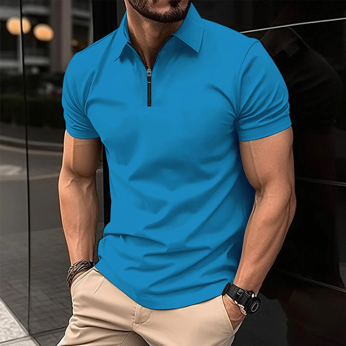 Mens summer short sleeved polo shirt mens half zipper solid color casual sports Tshirt loose fit 240828