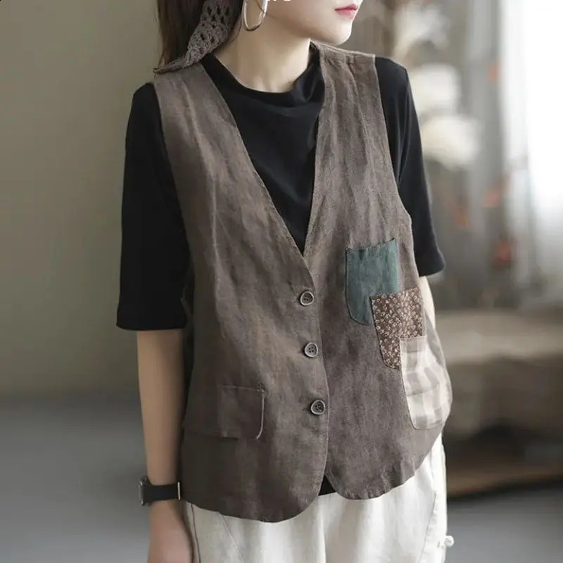 Summer womens cotton linen three pocket vest 240828