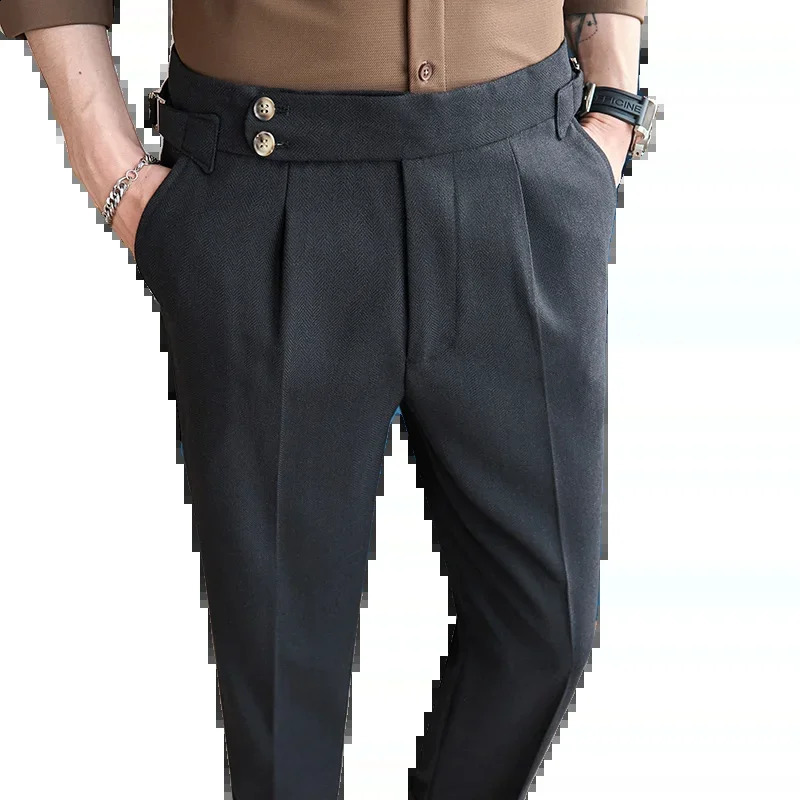 British style Naples mens high-end linen pants high waist straight slim fit casual mens pants high-quality solid social suit 240828