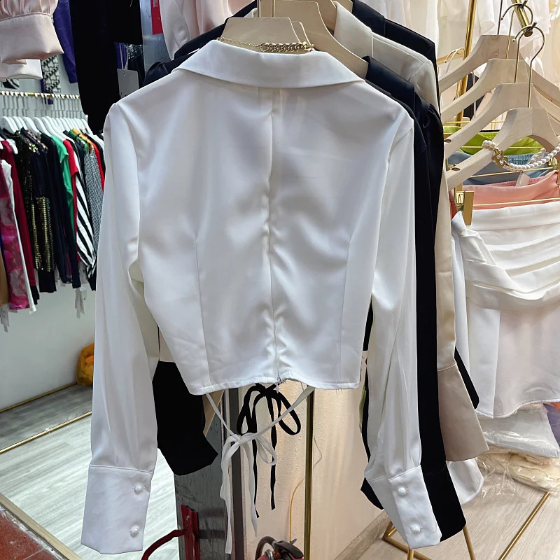 Neploe Small Fragrant Wind Tops Femme Y2K Spring French Retro Simple Solid V-neck Drawstring Casual Thin Long Sleeve Shirt 240827