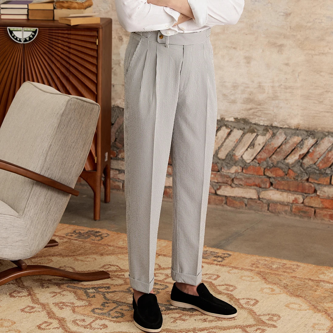 Summer Bubble Wrap Striped High Waist Straight Leg Pants Naples Breathable Thin Casual Set Pants 240828