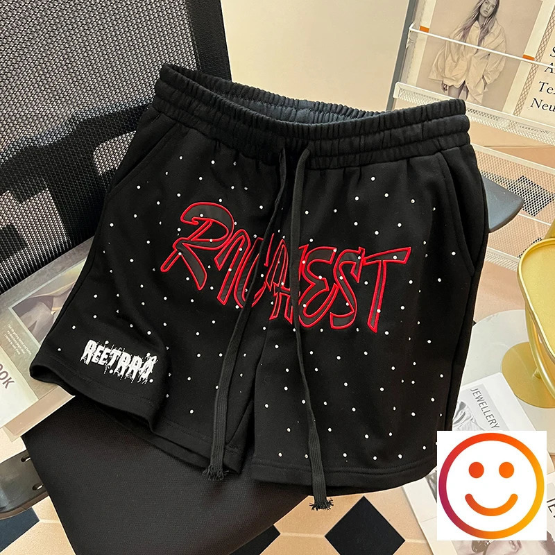 Diamond Patch Embroidered Letter Casual Shorts Loose Drawstring Shortpants Jorts for Men Women 240827